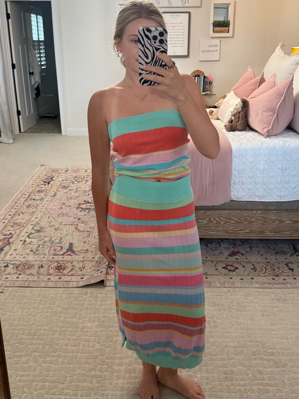 CRUSH Cashmere Striped Strapless Midi Set in Mint and Multicolor